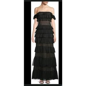BCBG Maxazria Elora Off The Shoulder Gown 6 Black Tiered Ruffle Tulle